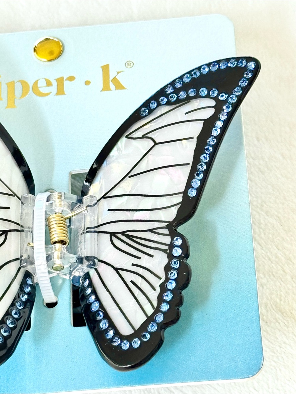 Piper K Iridescent Blue Butterfly Hair Claw Clip w/ Rhinestones - Picture 3 of 6